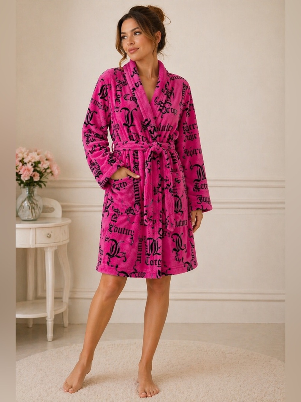 Juicy Couture Bathrobe Robe Women Hot Pink Crown Hooded Sleepwear 1X‎